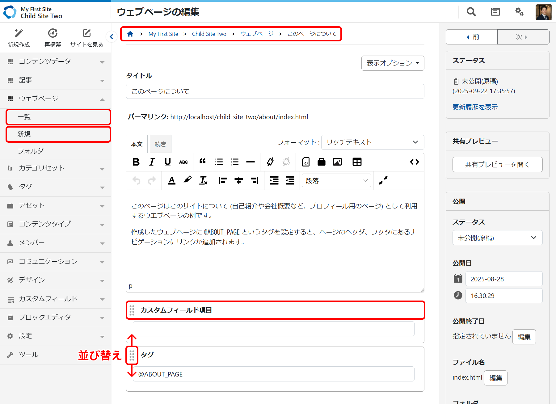 ウェブページのカスタムフィールドに値を設定する